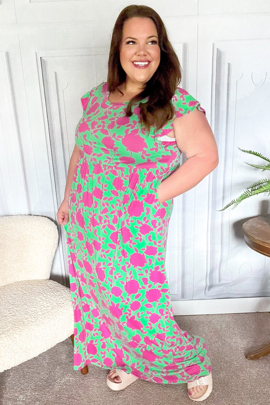 Stand Out Green & Fuchsia Floral Fit & Flare Maxi Dress
