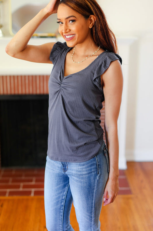 Sunny Days Charcoal Sweetheart Neckline Ribbed Top