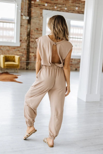 Remi Cap Sleeve Jogger Jumpsuit in French Beige